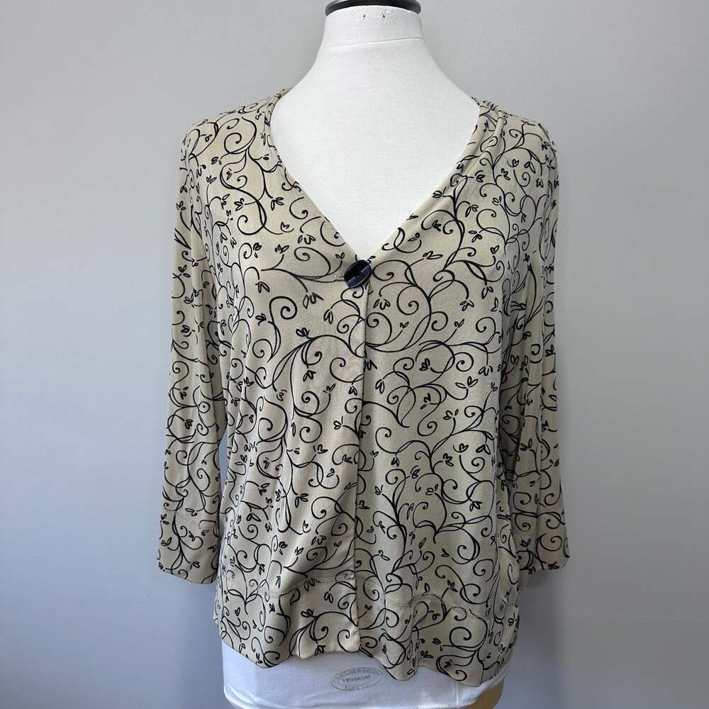 Hearts of Palm Tan & Black Scroll Print V-Neck 3/4 Sleeve Top, Sz L